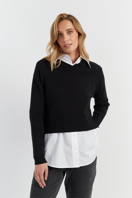 Black Pure Cashmere Cropped V-Neck Sweater