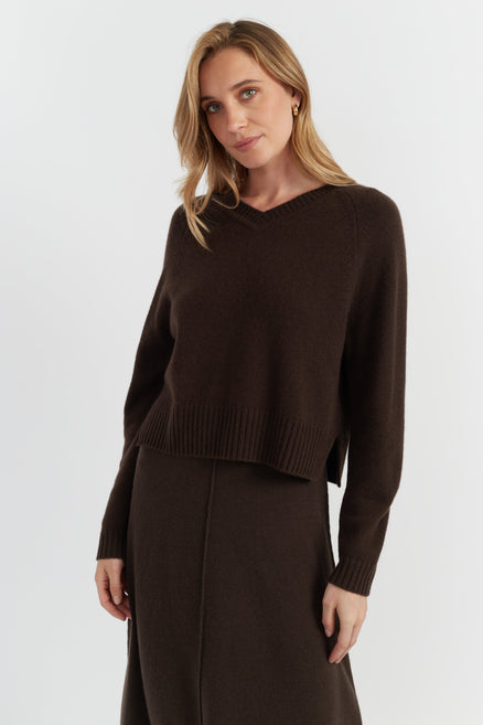 Chocolate Pure Cashmere Cropped V-Neck Sweater
