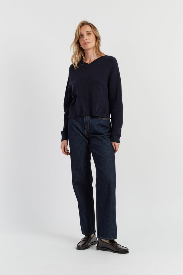 Navy Pure Cashmere Cropped V-Neck Sweater image 3