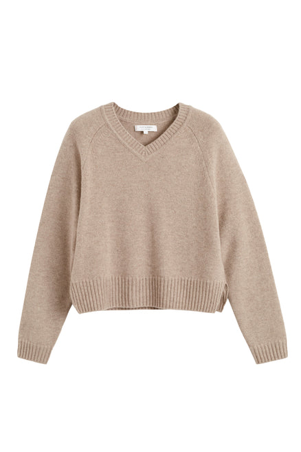 Warm-Oatmeal Pure Cashmere Cropped V-Neck Sweater
