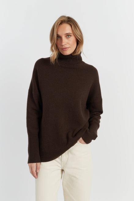 Chocolate Pure Cashmere Relaxed Rollneck Sweater
