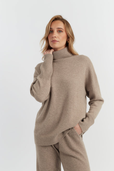 Warm-Oatmeal Pure Cashmere Relaxed Rollneck Sweater
