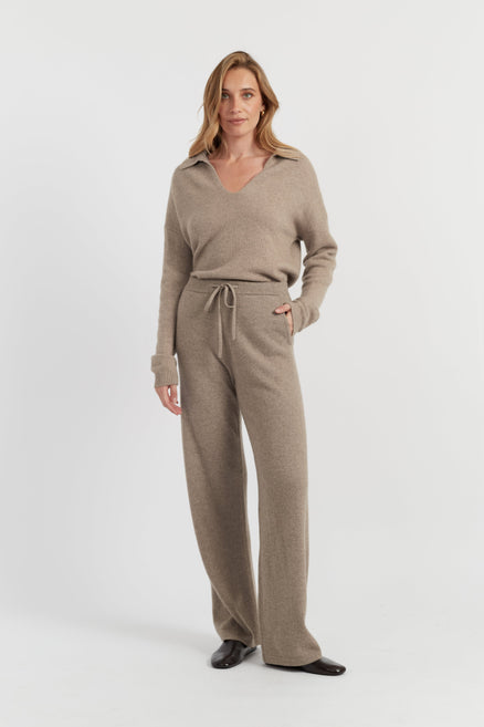 Warm-Oatmeal Pure Cashmere Wide-Leg Pants
