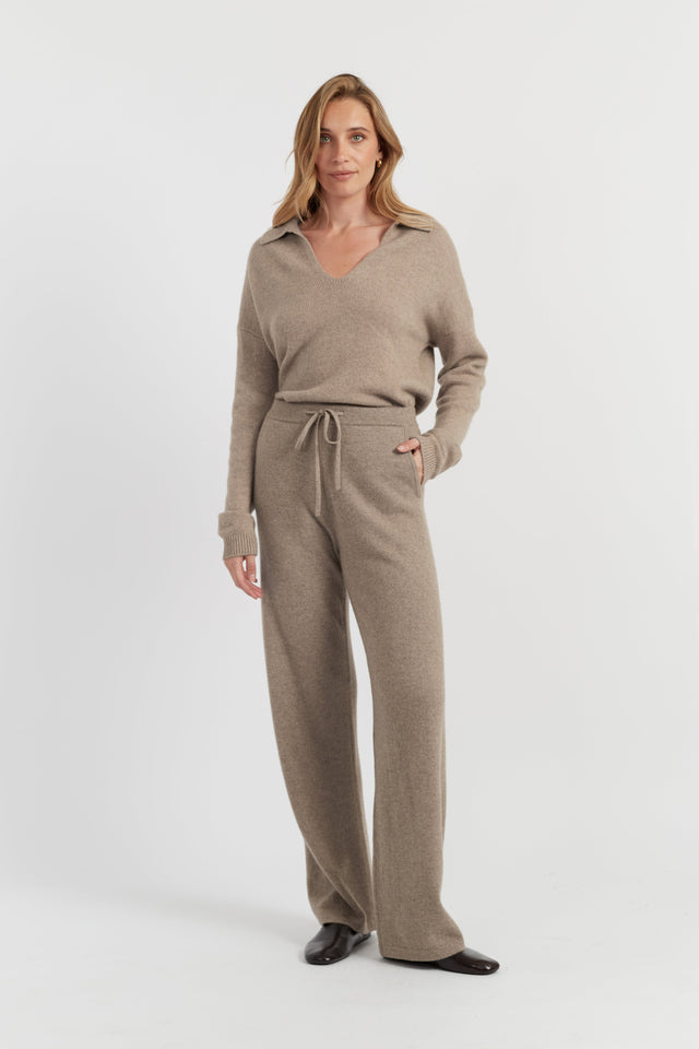 Warm-Oatmeal Pure Cashmere Wide-Leg Pants image 1