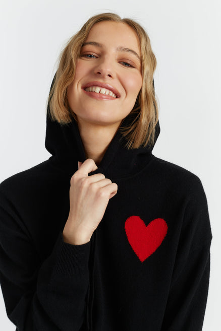 Black Wool-Cashmere Heart Breton Hoodie