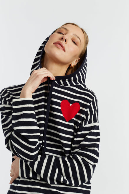 Navy-Cream Wool-Cashmere Heart Breton Hoodie