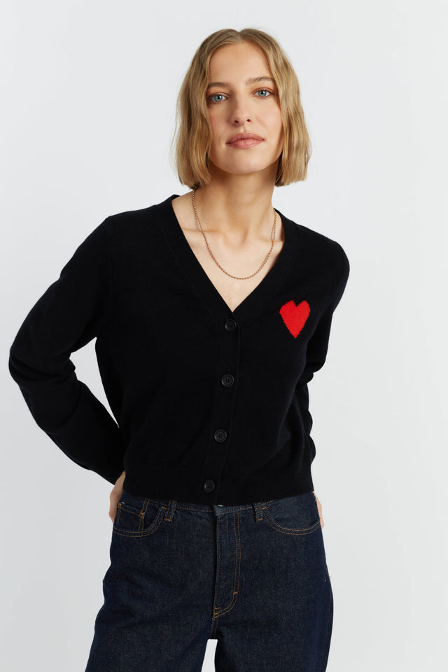 Black Wool-Cashmere Heart Breton Cardigan image 1