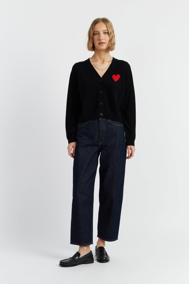 Black Wool-Cashmere Heart Breton Cardigan image 2
