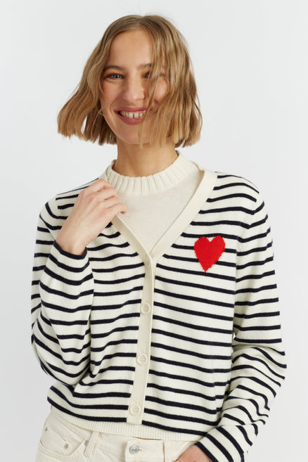 Cream-Navy Wool-Cashmere Heart Breton Cardigan