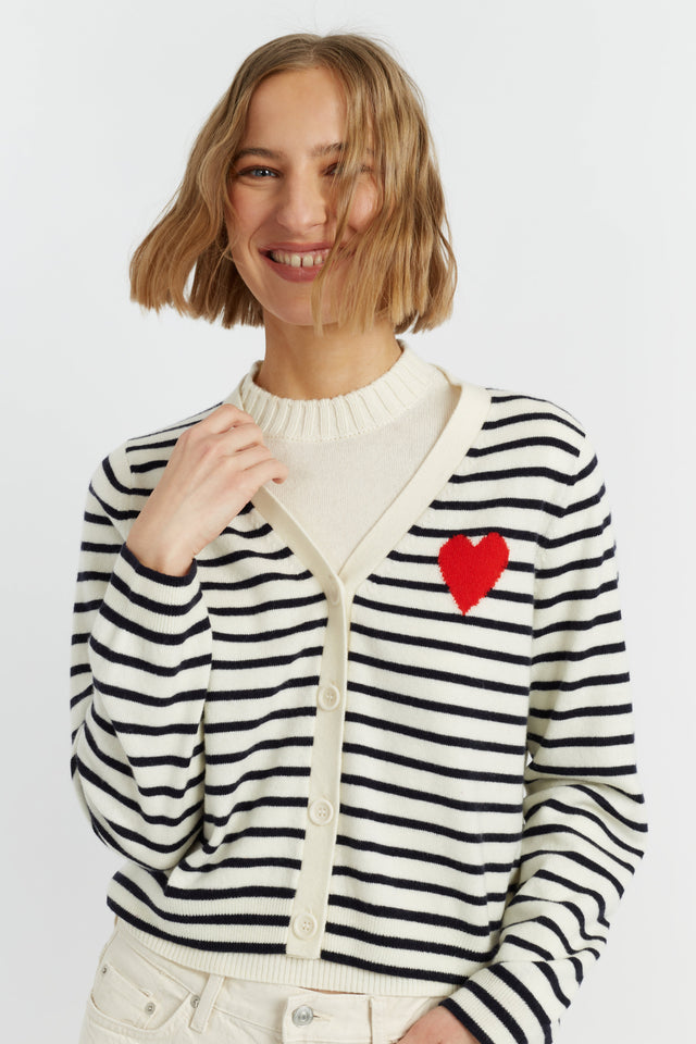 Cream-Navy Wool-Cashmere Heart Breton Cardigan image 1