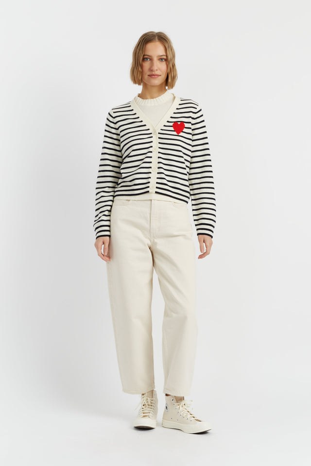 Cream-Navy Wool-Cashmere Heart Breton Cardigan image 2