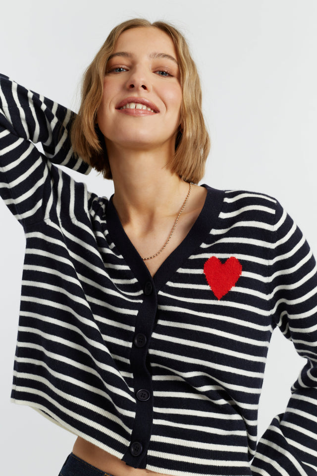 Navy-Cream Wool-Cashmere Heart Breton Cardigan image 1