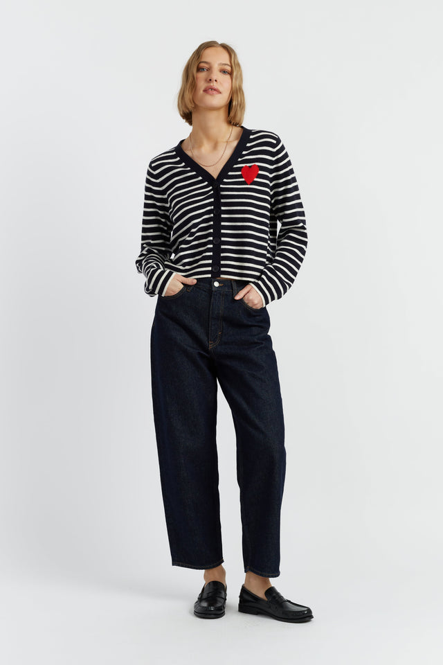 Navy-Cream Wool-Cashmere Heart Breton Cardigan image 2