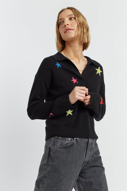 Black Wool-Cashmere Star Collared Sweater
