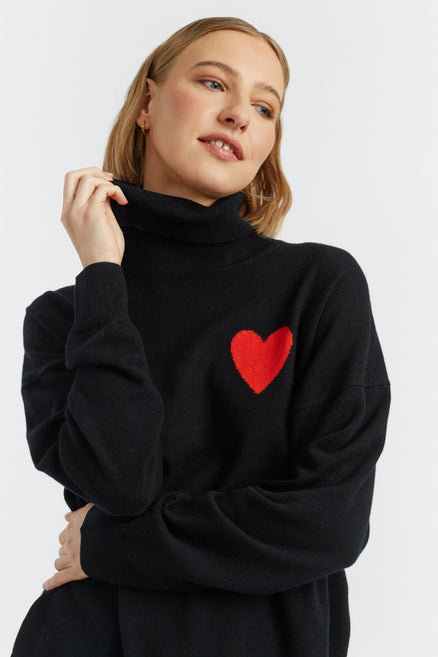 Black Wool-Cashmere Heart Breton Rollneck Sweater