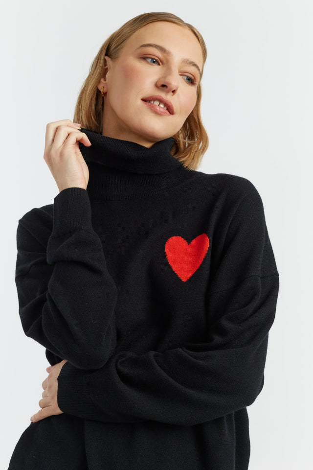 Black Wool-Cashmere Heart Breton Rollneck Sweater image 1