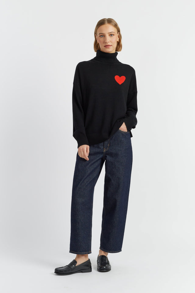 Black Wool-Cashmere Heart Breton Rollneck Sweater image 2