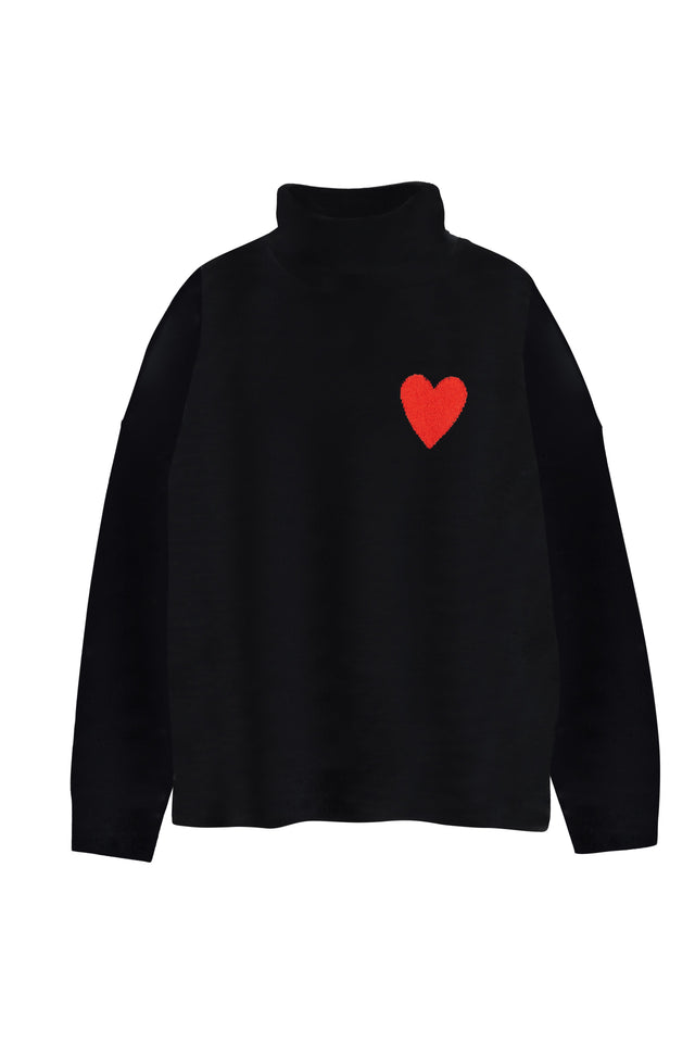 Black Wool-Cashmere Heart Breton Rollneck Sweater image 4