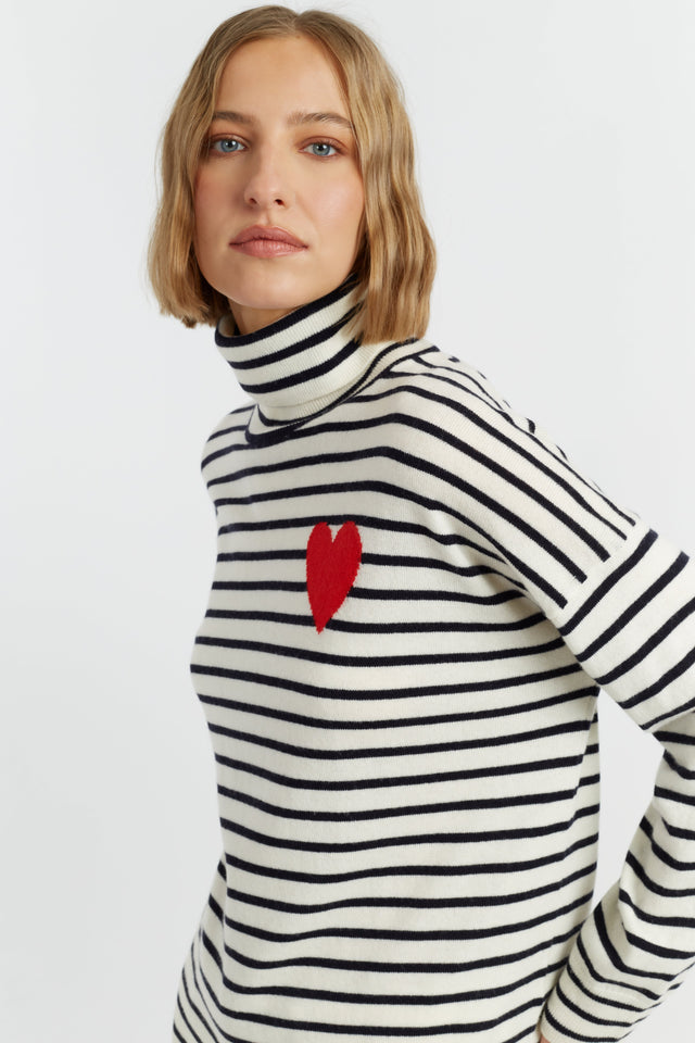 Cream-Navy Wool-Cashmere Heart Breton Rollneck Sweater image 1