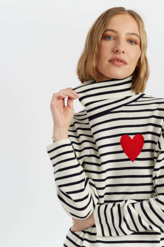 Cream-Navy Wool-Cashmere Heart Breton Rollneck Sweater image 4