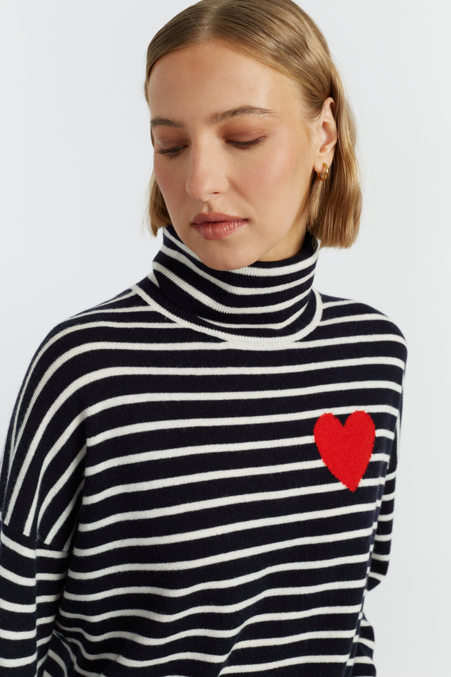 Navy-Cream Wool-Cashmere Heart Breton Rollneck Sweater image 1