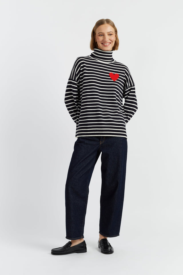 Navy-Cream Wool-Cashmere Heart Breton Rollneck Sweater image 2