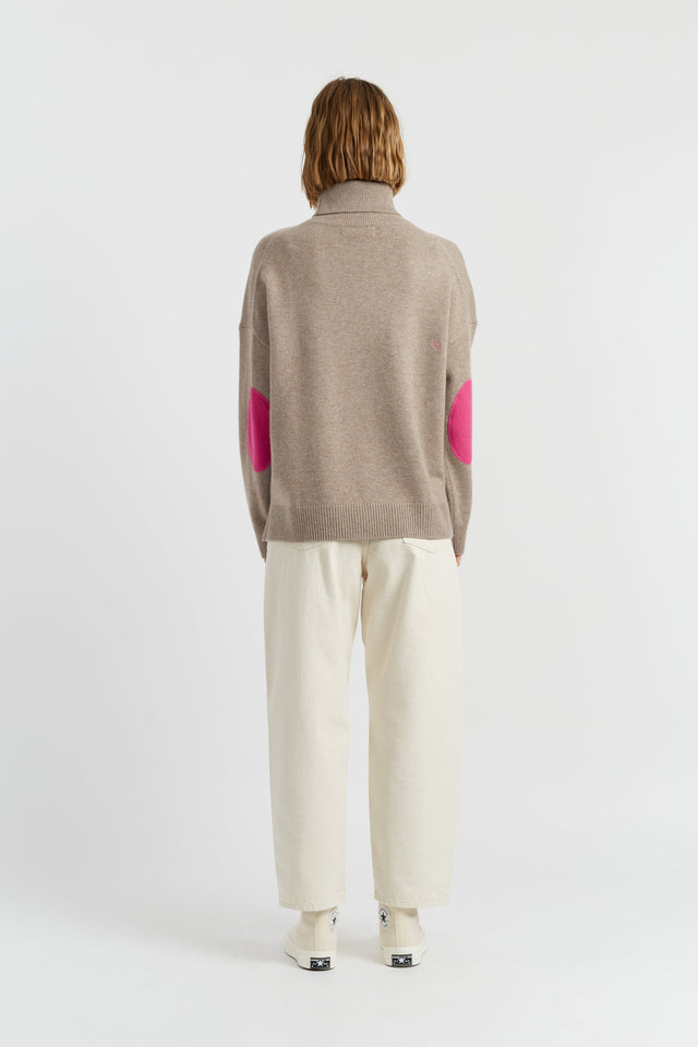 Warm-Oatmeal Wool-Cashmere Elbow Patch Rollneck Sweater image 3