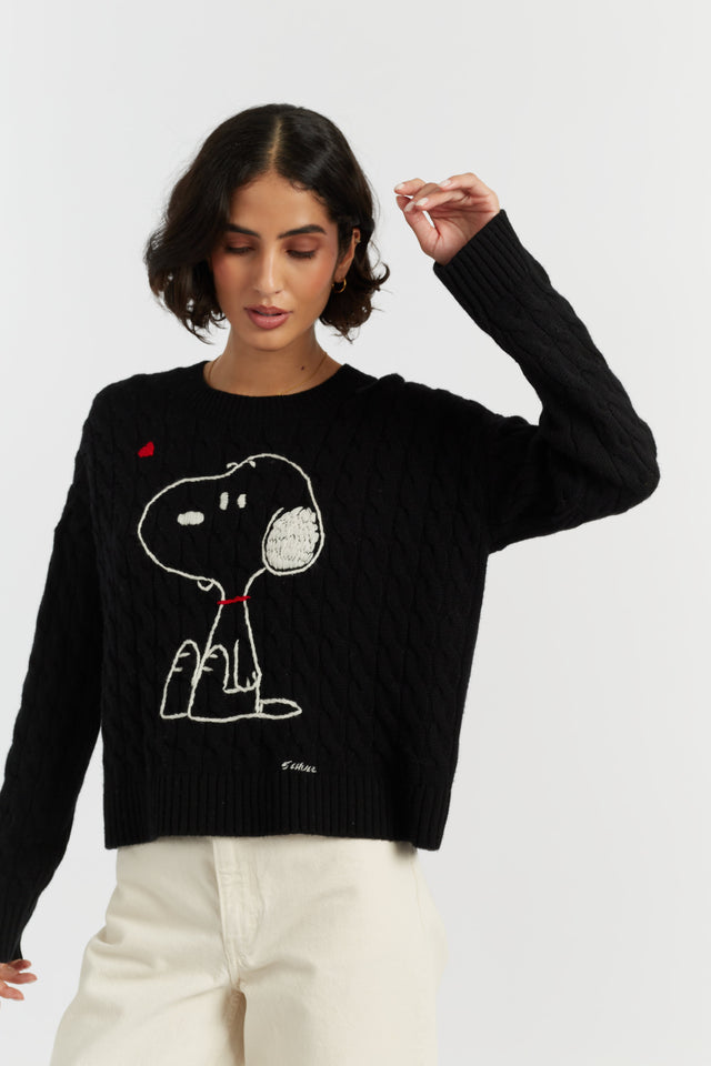Black Wool-Cashmere Snoopy Cable Sweater image 1