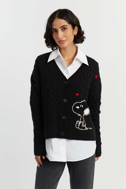 Black Wool-Cashmere Snoopy Cable Cardigan