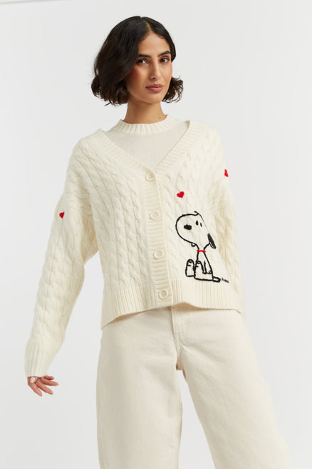 Cream Wool-Cashmere Snoopy Cable Cardigan