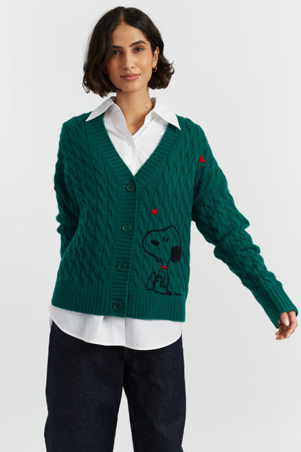 Emerald Wool-Cashmere Snoopy Cable Cardigan