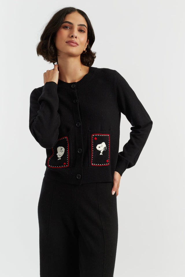 Black Wool-Cashmere Snoopy & Charlie Brown Cardigan image 1