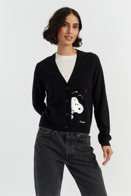 Black Wool-Cashmere Snoopy Peek Cardigan