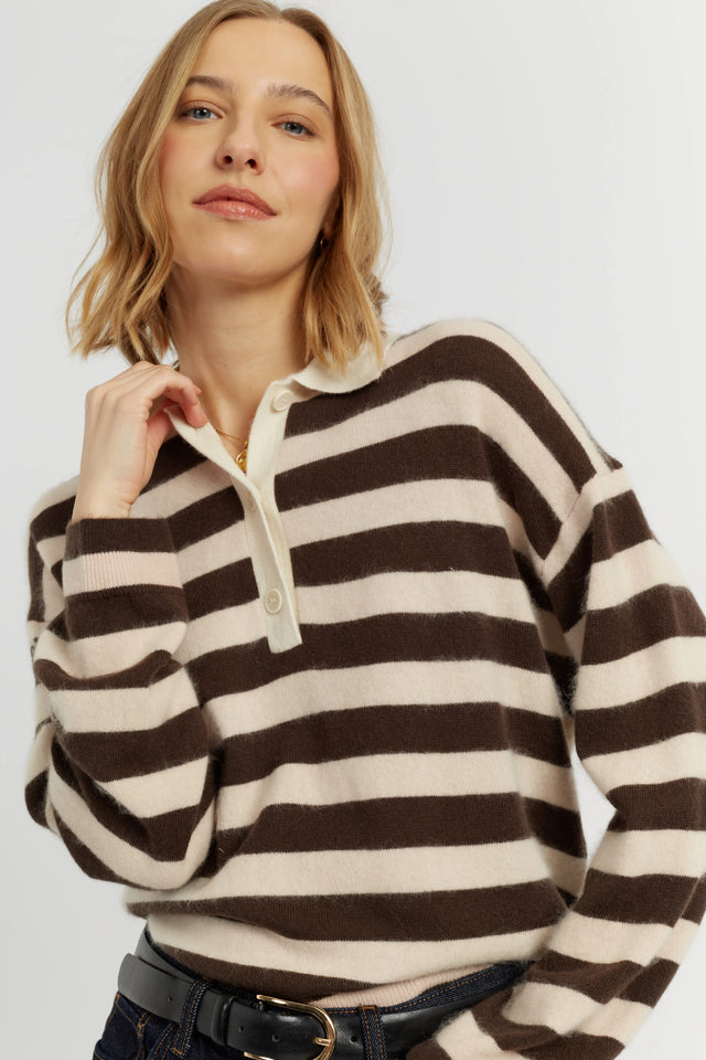 Pink-Chocolate Merino Stripe Polo Top image 1