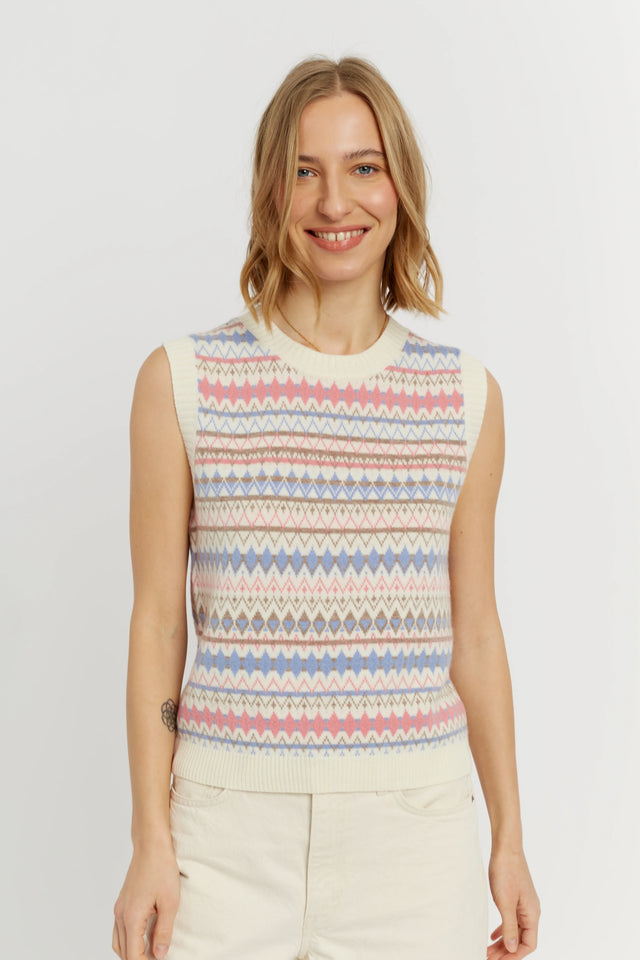 Cream Wool-Cashmere Fair Isle V-neck Tank image 1