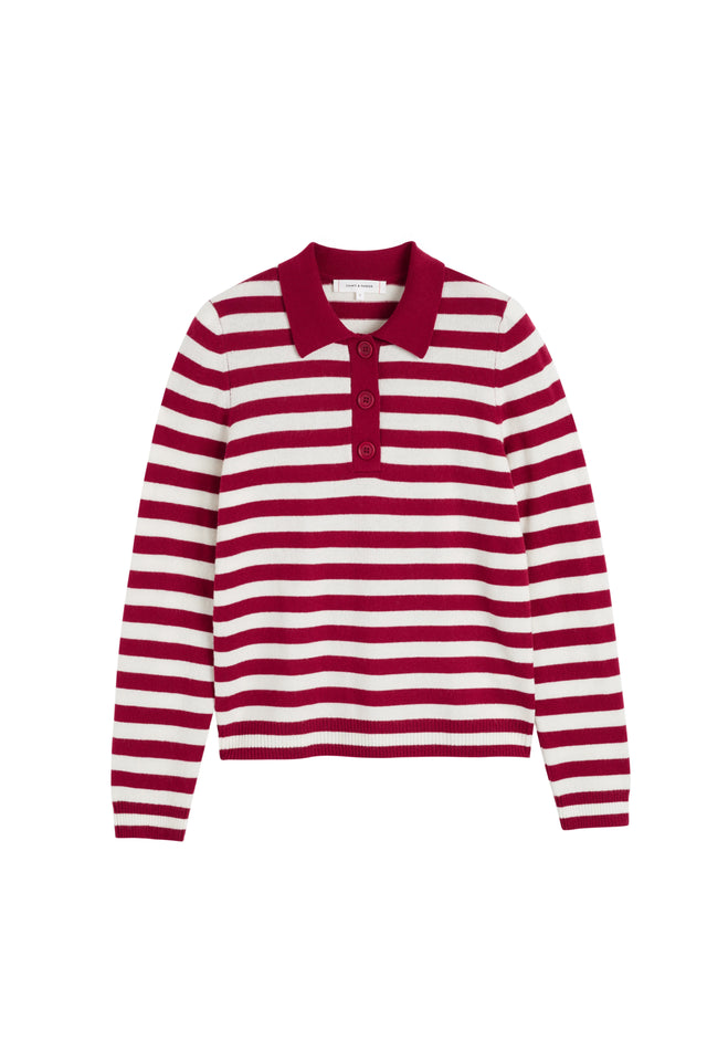 Cherry Wool-Cashmere Stripe Collared Sweater image 5