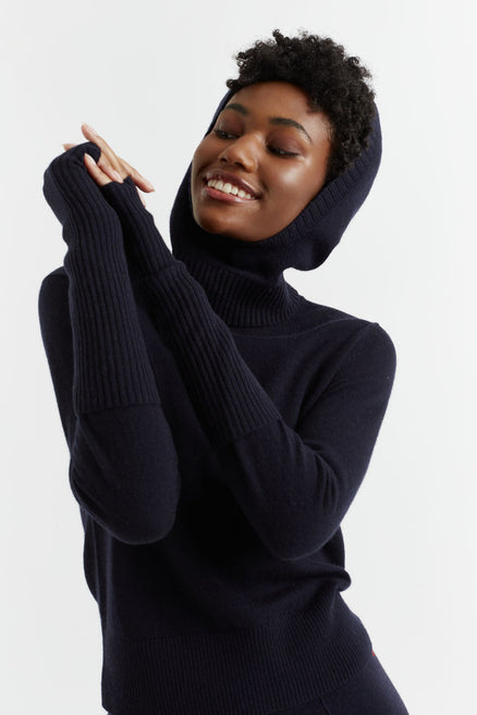 Navy Wool-Cashmere Ribbed Fingerless Gloves