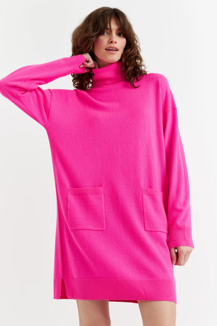 Fuchsia Wool-Cashmere Mini Rollneck Dress