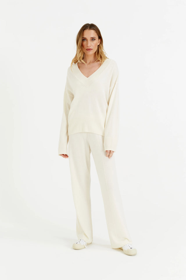 Cream Wool-Cashmere V-Neck Sweater image 2
