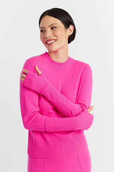 Fuchsia Wool-Cashmere Ribbed Fingerless Gloves