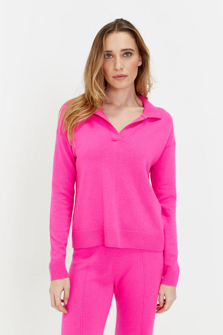 Women's Chinti and Parker Hot Pink Sweater Wool-Cashmere Collared Detail Size XS-3L