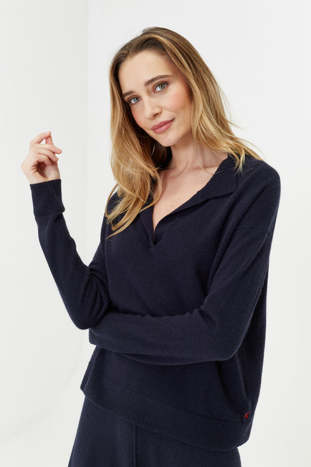 Navy Wool-Cashmere Collared Sweater image 1