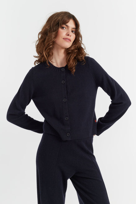 Navy Wool-Cashmere Crew Neck Cardigan