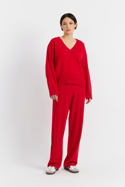 Velvet-Red Wool-Cashmere Wide-Leg Track Pants