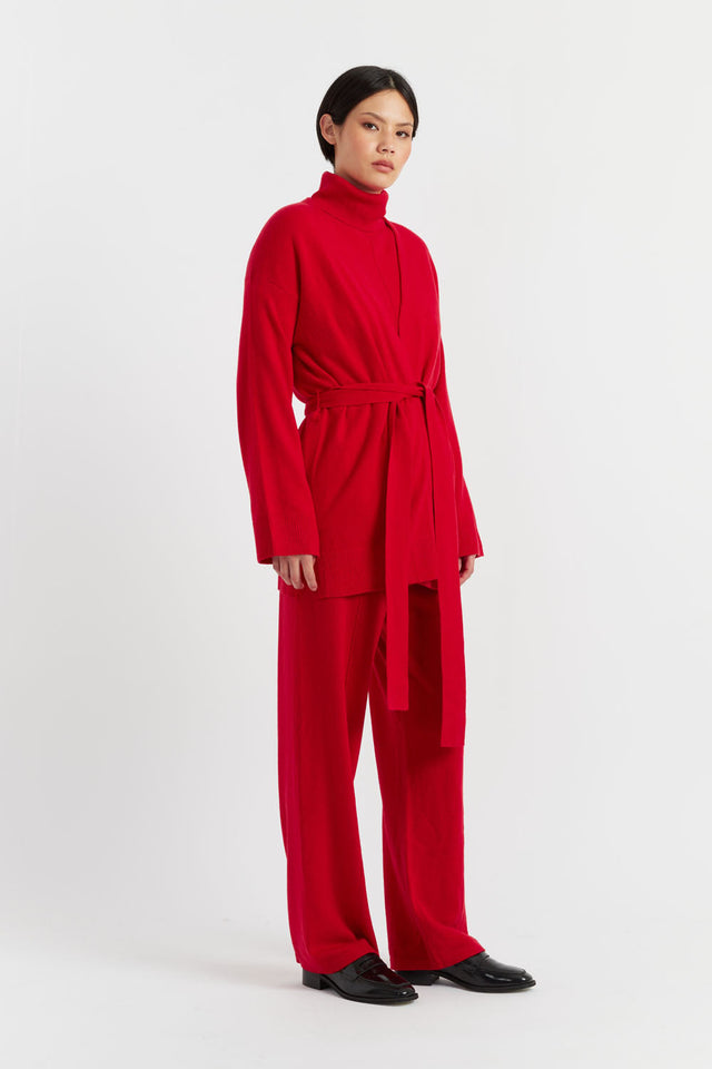 Velvet-Red Wool-Cashmere Belted Cardigan image 4