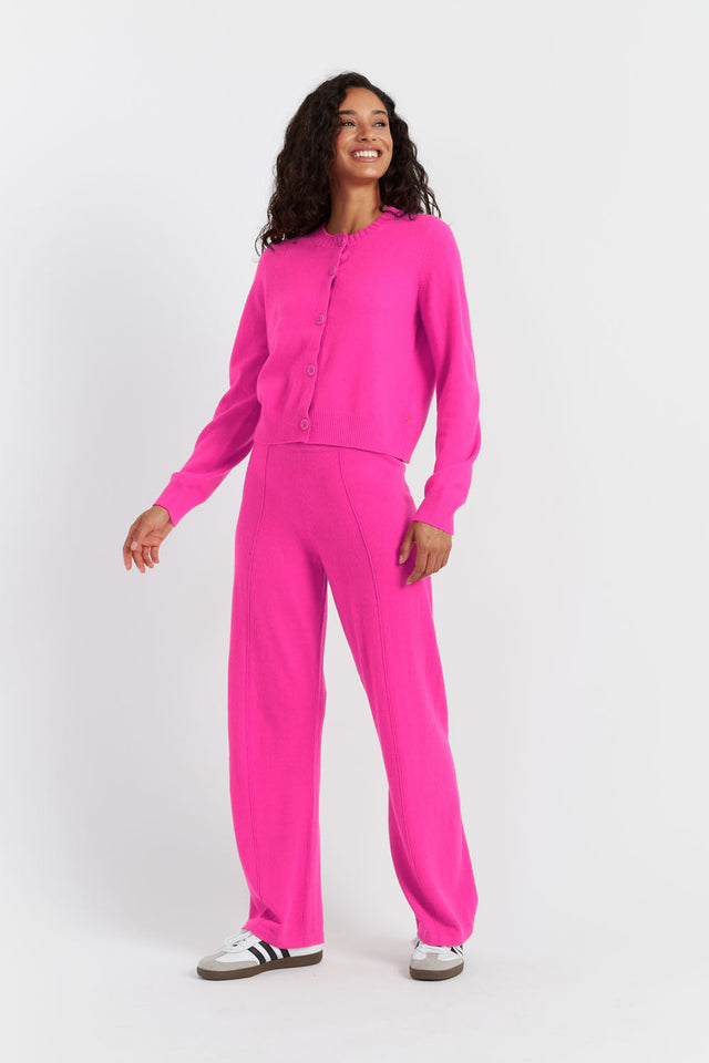 Fuchsia Wool-Cashmere Crew Neck Cardigan image 3