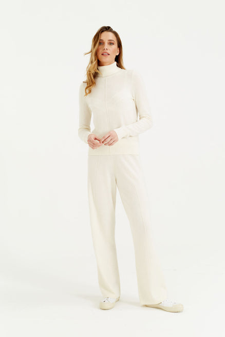 Cream Wool-Cashmere Wide-Leg Track Pants