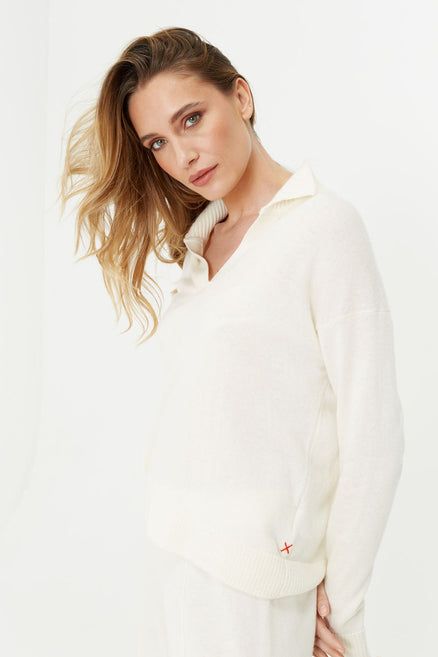 Cream Wool-Cashmere Collared Sweater