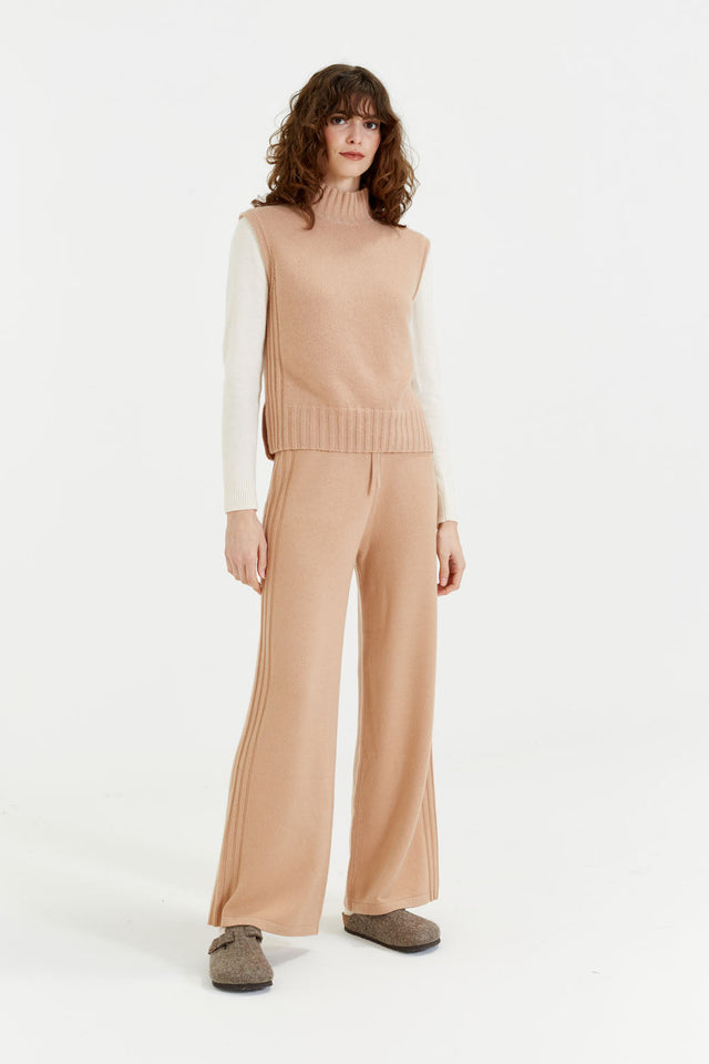 Warm-Beige Pure Cashmere Side Rib Trousers image 1