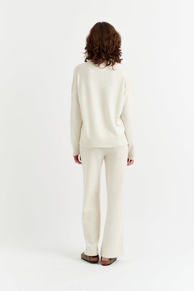 Cream Pure Cashmere V-Neck Funnel Sweater image 3